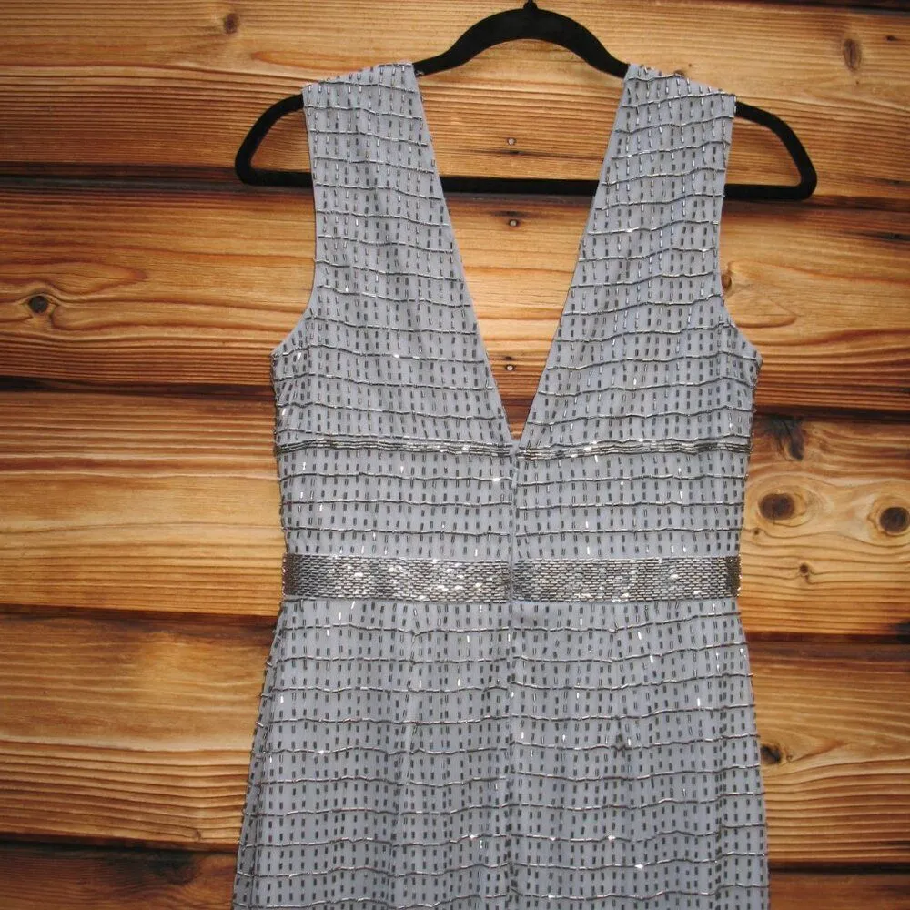 Mac Duggal 5625 Beaded Cap Sleeve V Neck Column Gown Dress Silver Size 4 - Image 10