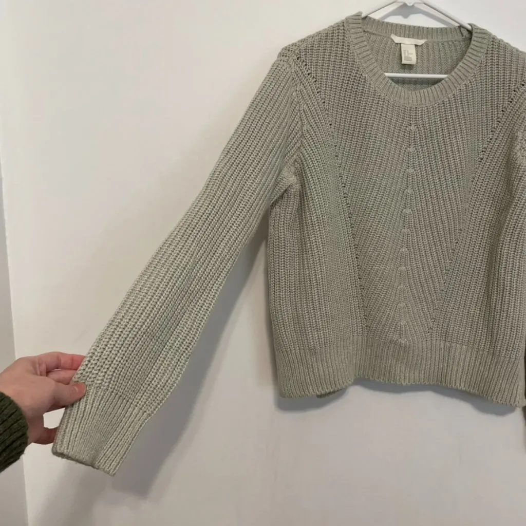 H&M Sage Green Chunky Knit Textured Cropped Crop Cotton Crew Neck Fall Sweater M - Image 6
