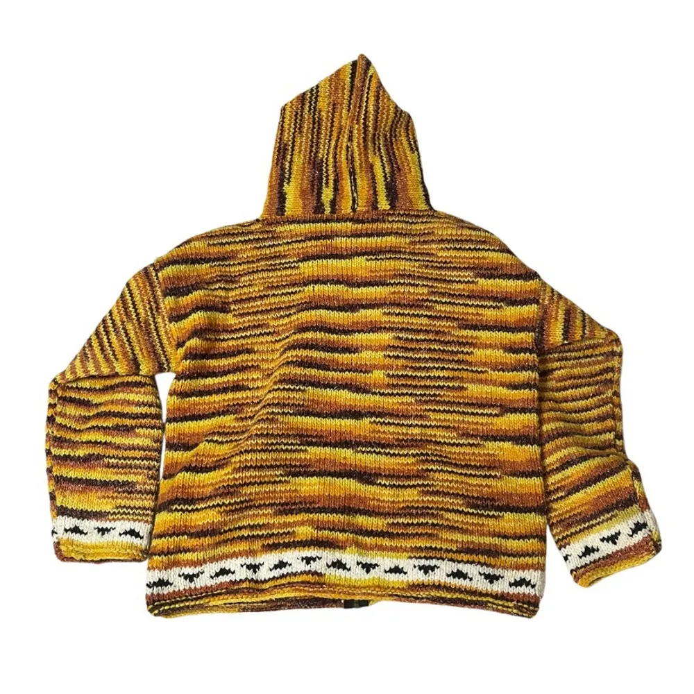 HAND CRAFTED Knit Sweater Hood Colorful Patchwork Full Zipper Patchwork Peruvian Size M - Image 8