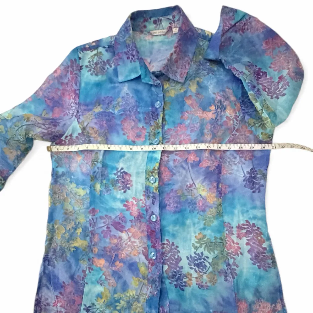 Erin London Floral Blouse women’s size Medium Sheer Multicolored Print Blue - Image 4