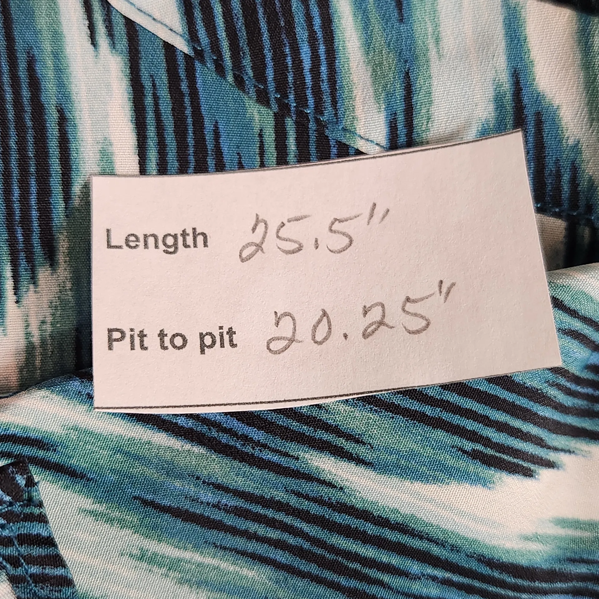 New York & Company Blue and Green Print Blouse Size Medium Ruffle Neck Top - Image 9