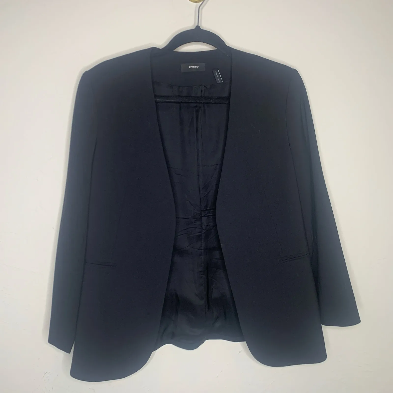 Theory Open Front Black Blazer Sz 8 Wool Blend - Image 5