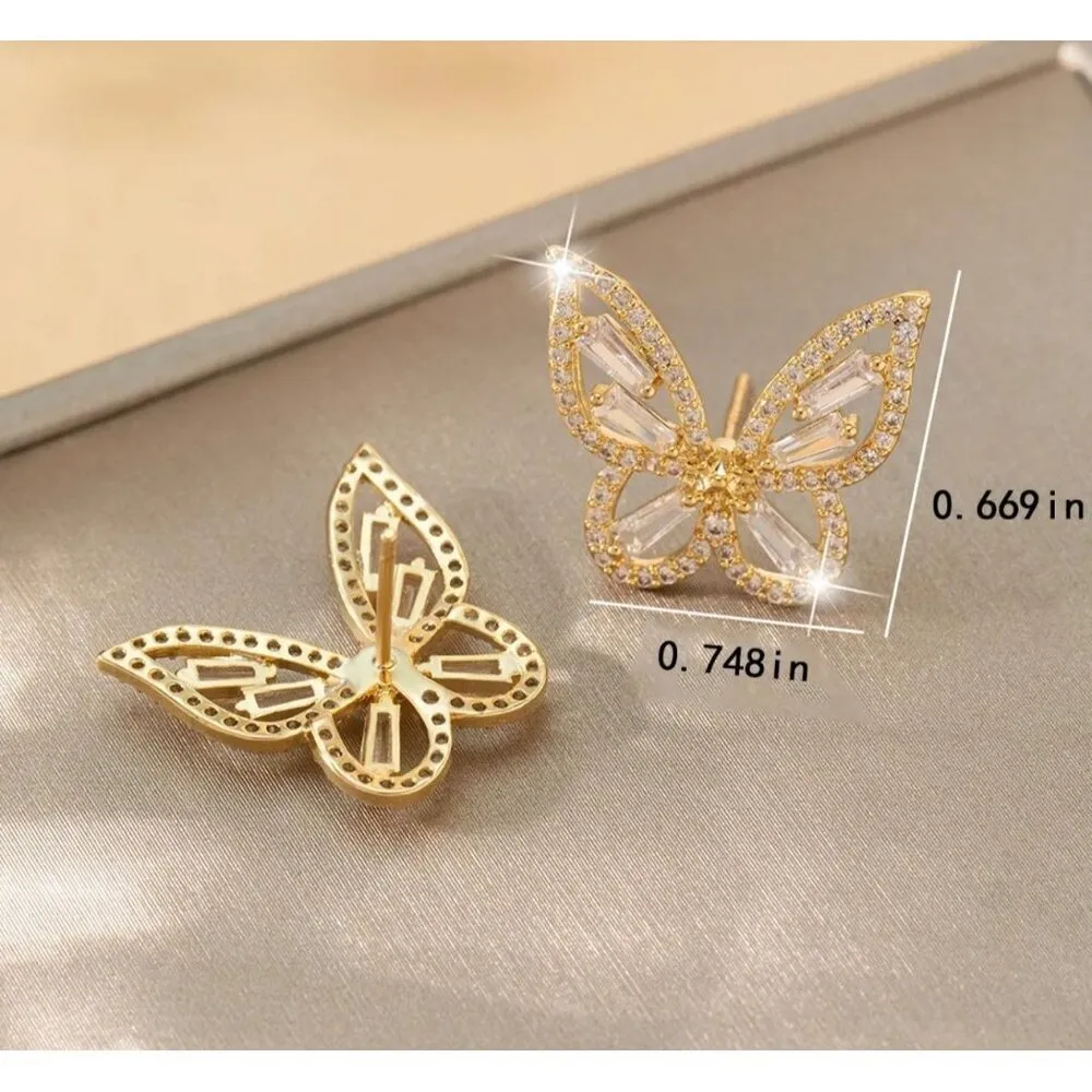 14k Gold Plated Elegant Butterfly Desing Crystal Stud Earrings Rhinestone Inlay - Image 2