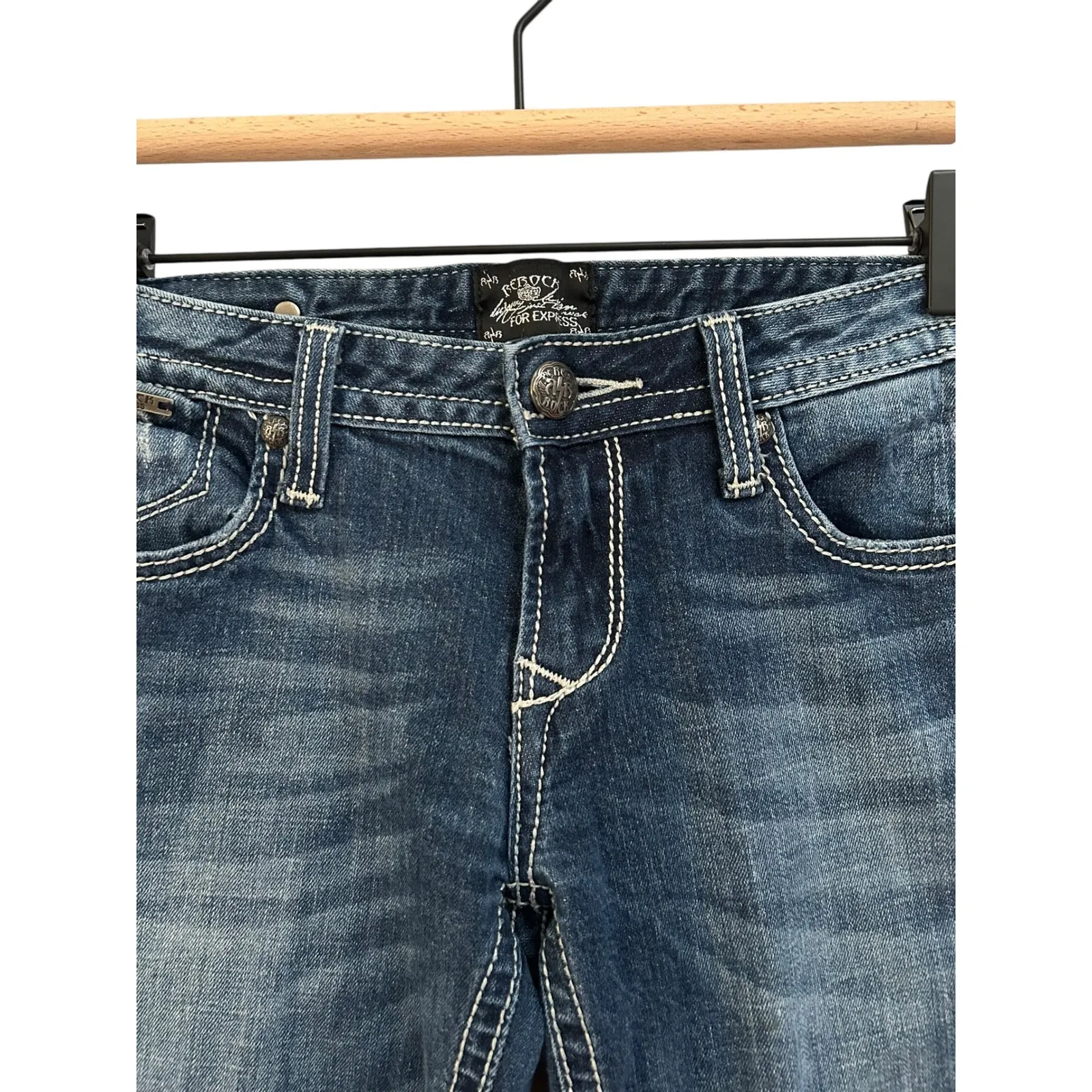 Rock For Express Y2K Jeans Womens Size 6R Boot Cut Dark Wash Denim Embellished Blue - Image 5