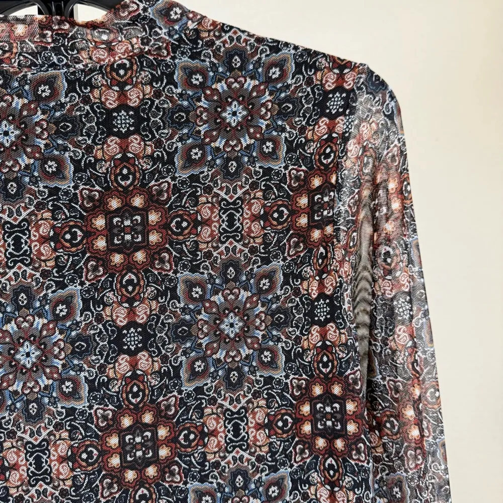 Boho Tie Neck Long Sleeve Blouse Small Sheer Mesh Print Lined Lightweight Office Black - Image 7