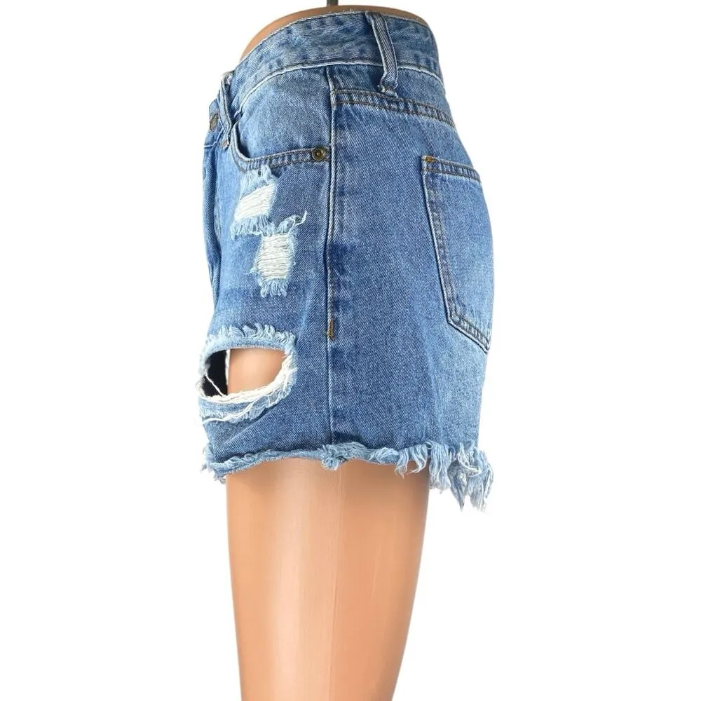 Windsor Blue Frayed Raw Hem Distressed High Waist Denim Jeans Cutoff Shorts Sz S - Image 2