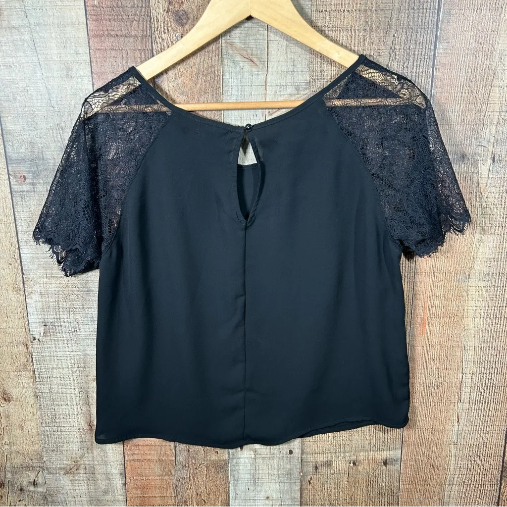 Wet Seal Large Black Whimsy Goth Lace Sleeve Blouse Keyhole Back Top Feminine - Image 3