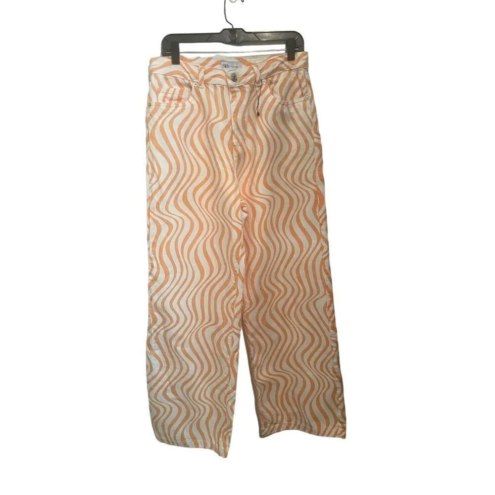Zara Women's High Rise Wide Leg Jeans Orange Sorbet Swirl‎ Print Sz 10  NWOT - Image 2