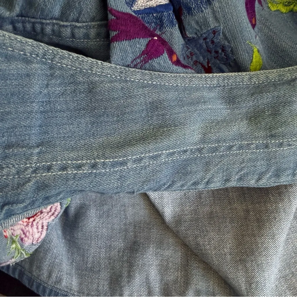 Vintage Natex Folkloric Mexican‎ Embroidered Denim Shirt Eyes Birds Mushrooms S Blue - Image 12