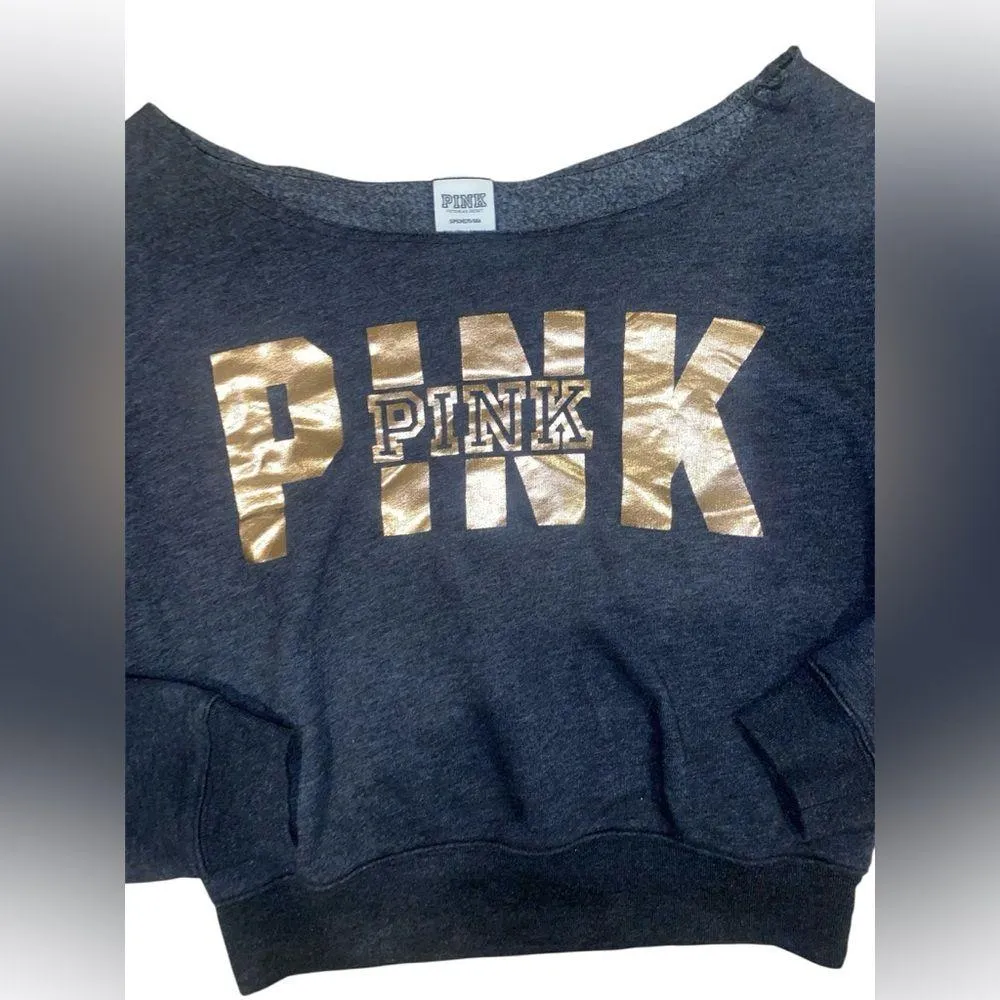 vs pink gray off the shoulder crewneck with rose gold print - Image 4