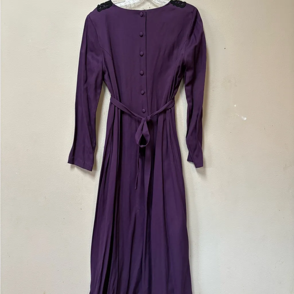 Vintage 90s Purple Midi Dress Lace Collar Long Sleeve Tie Waist Lisa II Size 12 - Image 2