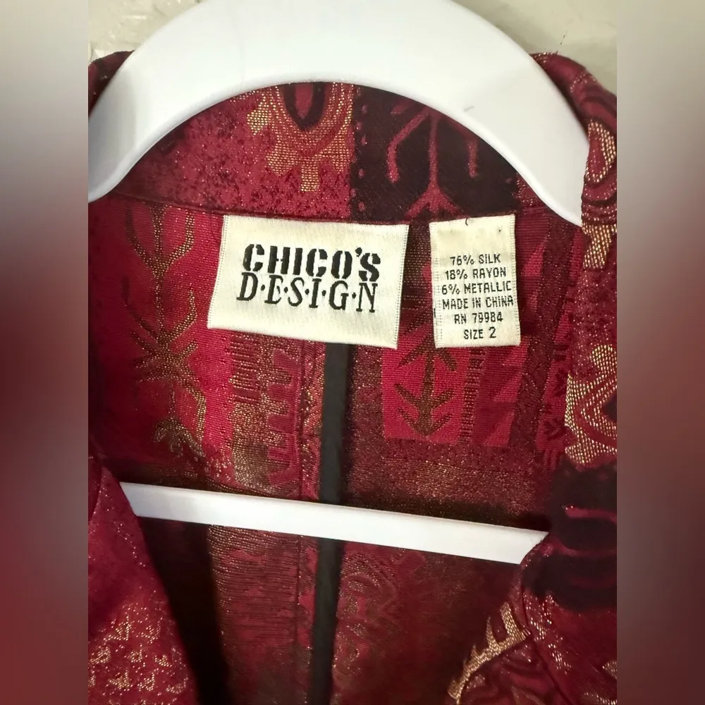 Vintage 80's Chico's Blazer Silk Duster Fashion Trench Red Metallic Print Size 2 - Image 2