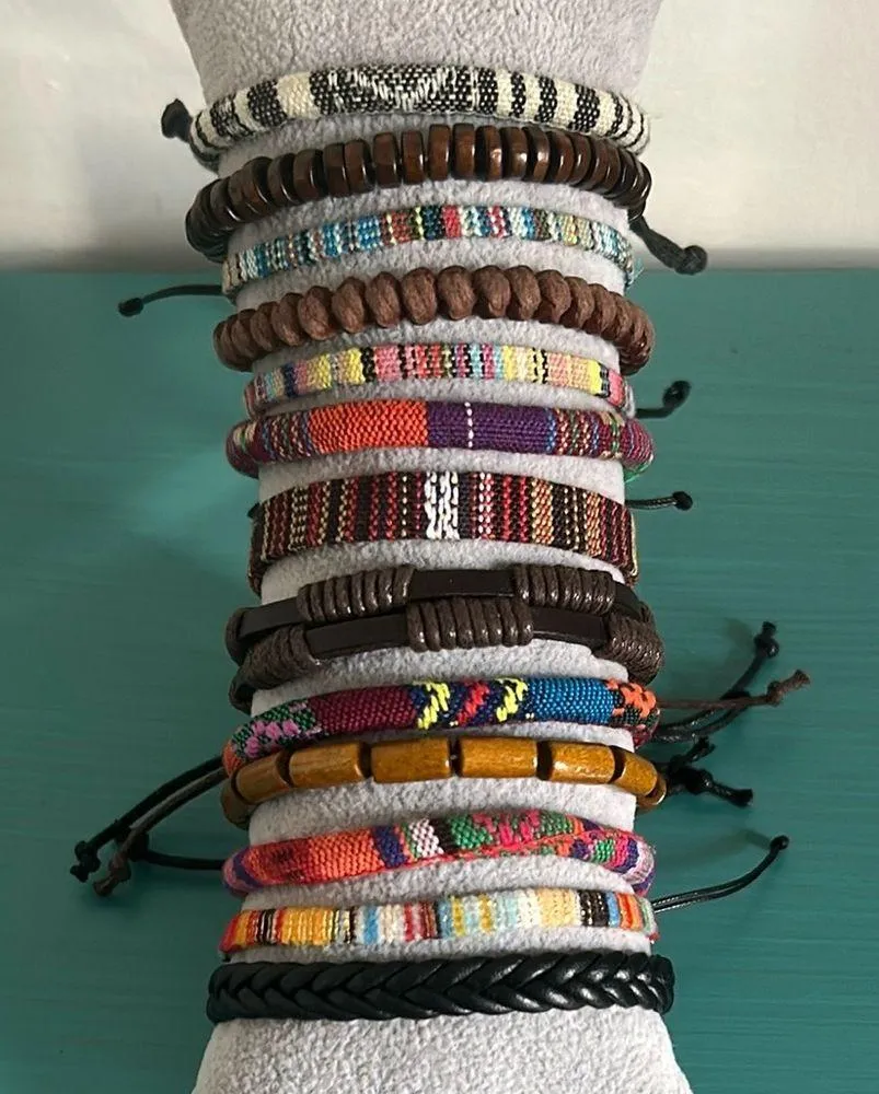 Vibrant Multicolor Wood Bead Woven Vegan Leather Bohemian Bracelets 13 Piece Set Brown - Image 4