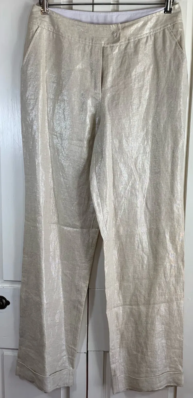 Spiegel Women's Metallic Linen Blend Cuffed Leg Pants Size 10 Neutral Sparkle - Image 1