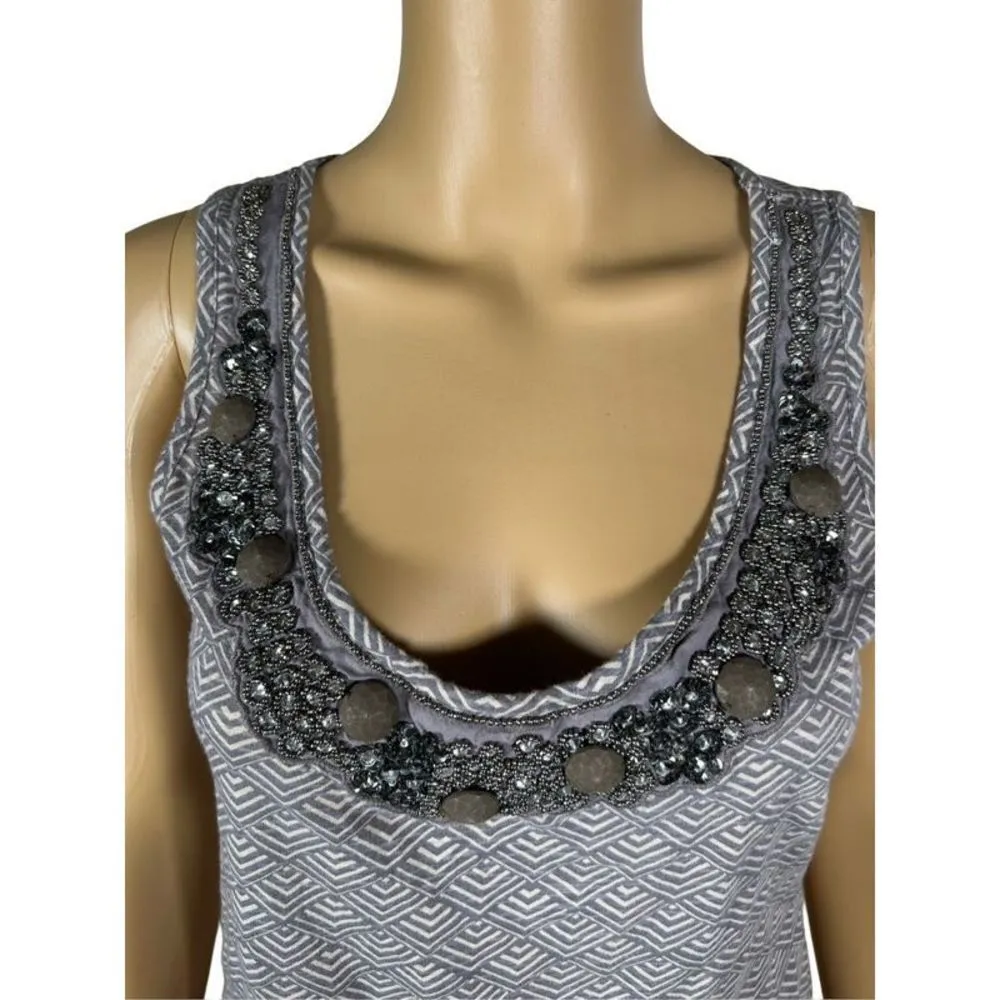 Anthropologie Deletta Women's Gray & Cream Jeweled Neckline Tank Top Size S - Image 2