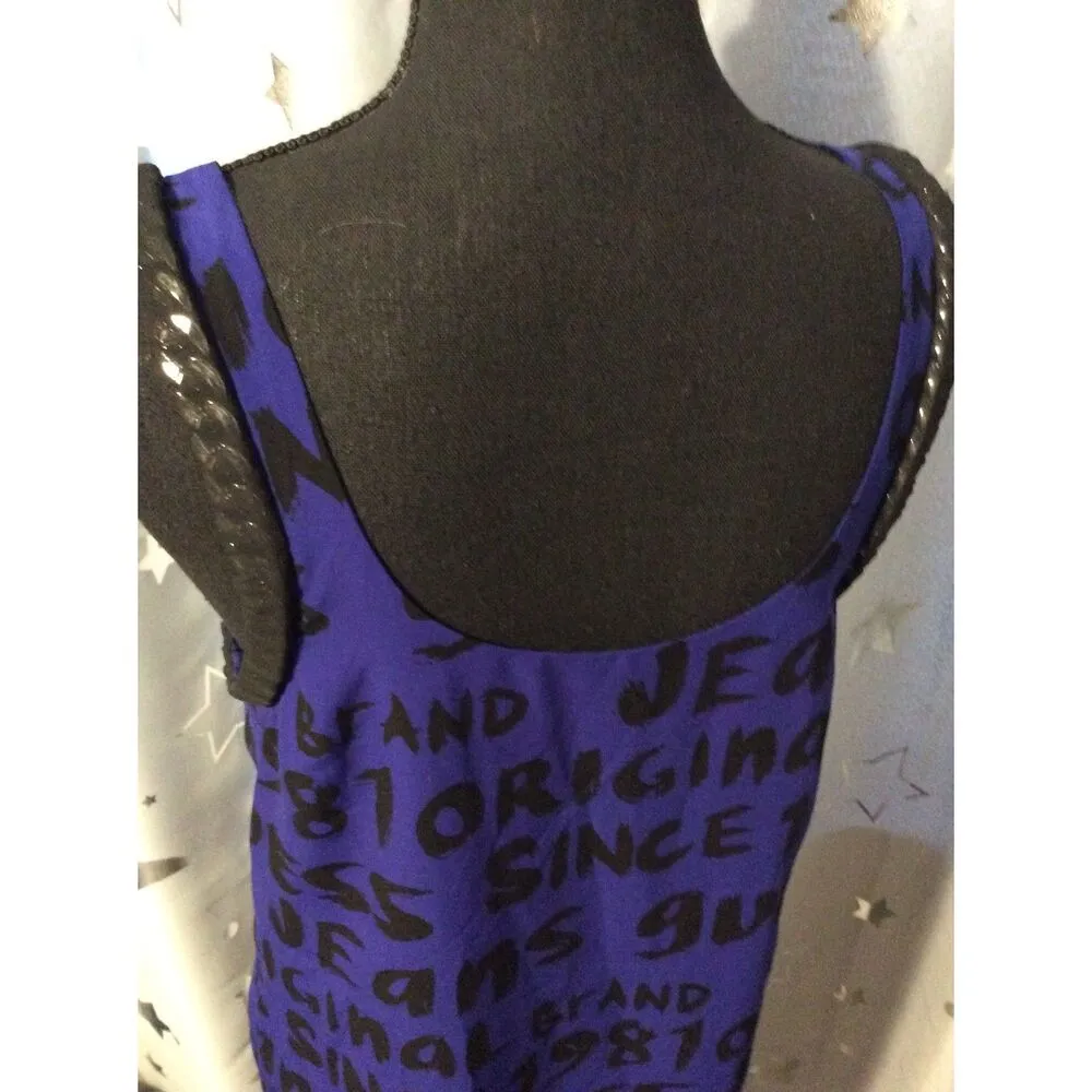 Vintage Y2K Guess Tank Graffiti words Blue Faux Leather Braid Trim Small S - Image 3