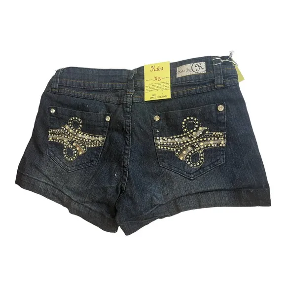 NEW Kaba JEAN SHORTS SZ 7 Dark Blue Denim Stone Stud Bedazzled Double Lasso NWT - Image 2