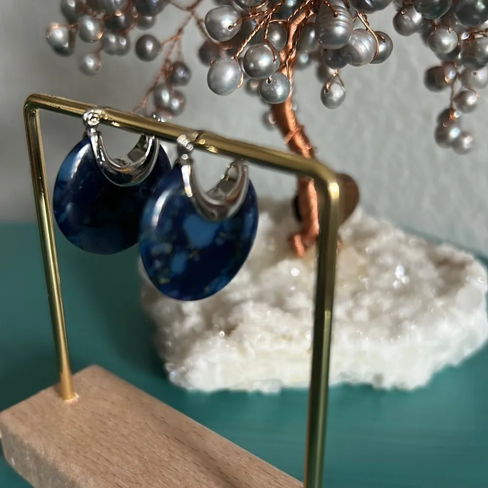 Sodalite Gemstone Artisan Crescent Disc Drop Hoop Huggie Earrings Blue - Image 2