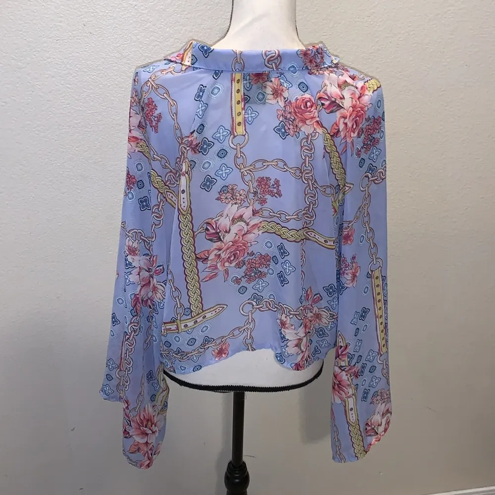 Rue21 blue floral chain print sheer kamino front knot wide sleeve cardigan - Image 5