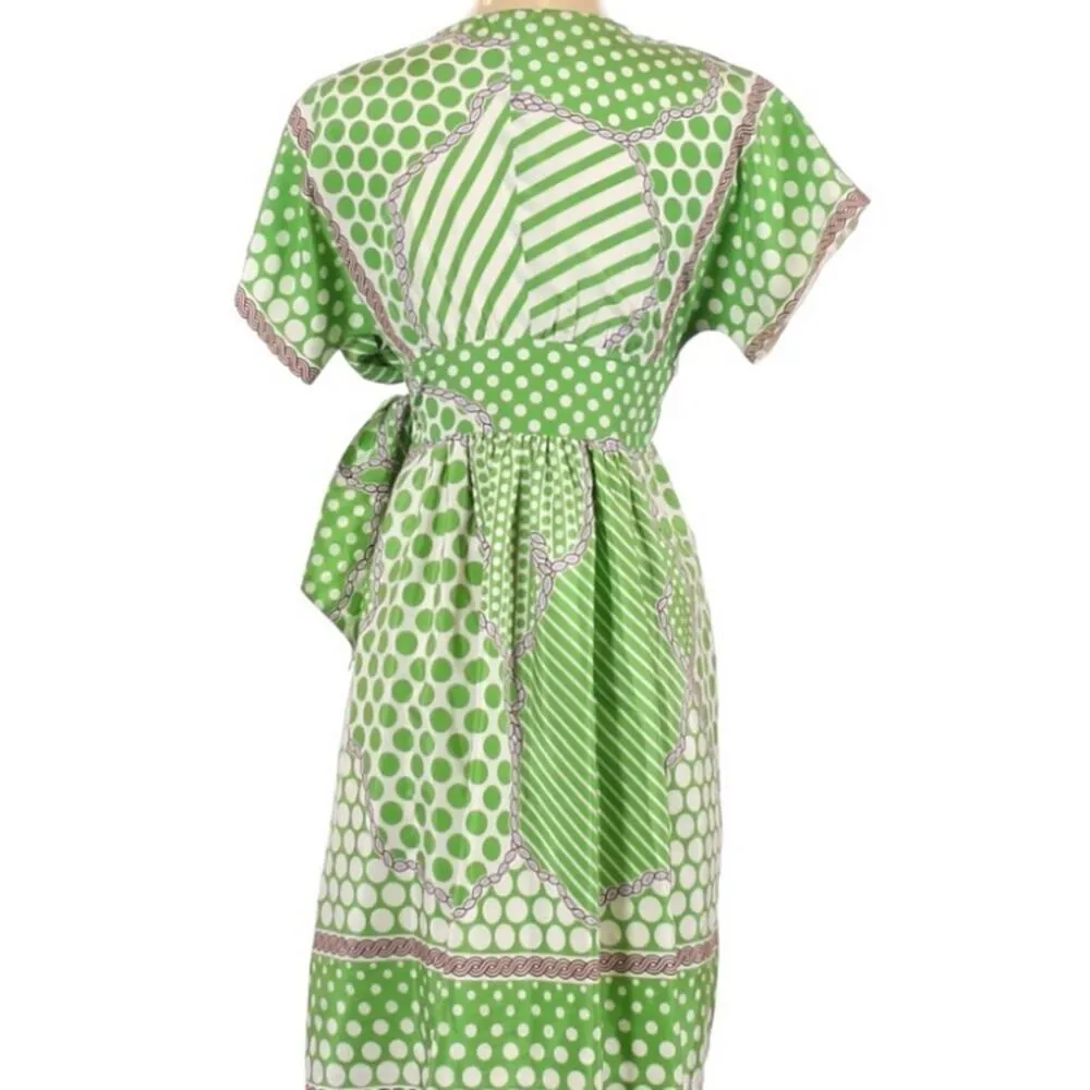 Tibi Green Silk Short Sleeve Wrap Dress V Neck Womens 2 Polka Dot Trad Wife - Image 3
