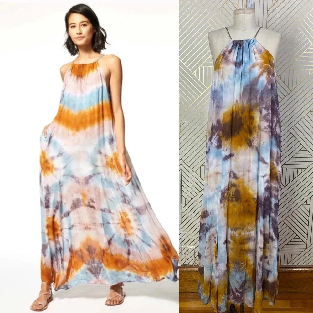 Young Fabulous & Broke Elie Trapeze Orange Blue White Maxi‎ Dress Size Medium - Image 2