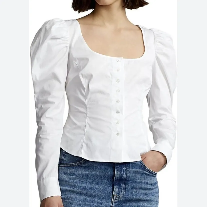 Polo Ralph Lauren NWTs Magi U-Neck White Cotton Blouse size 10 - Image 3