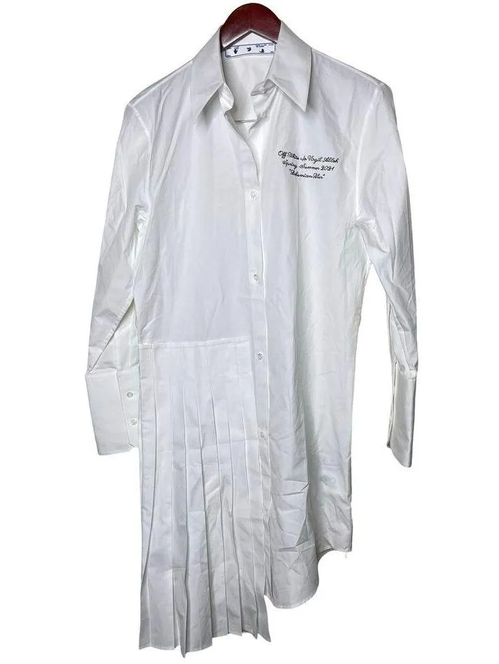 NWT OFF WHITE Popeline Pleated Shirt Dress in crisp cotton white sz 38 US 2 - Image 2