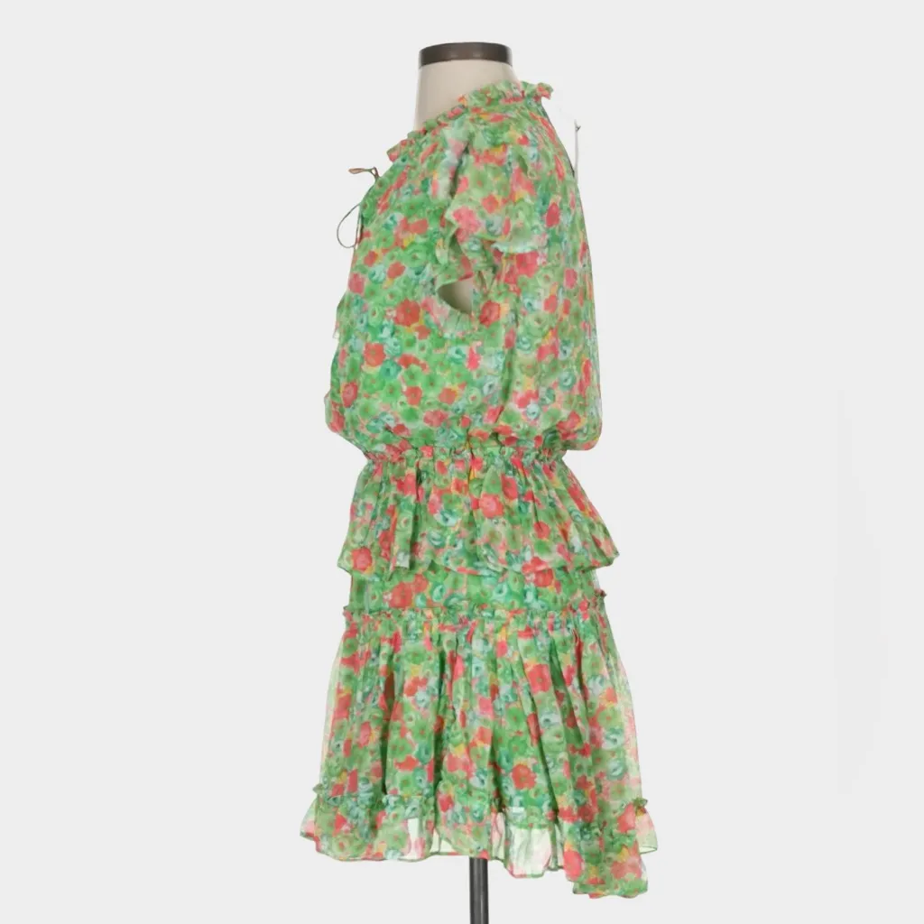 Reset by Jane Joelle Floral Ruffle Mini Dress Green Pink Tie Neck Small - Image 6