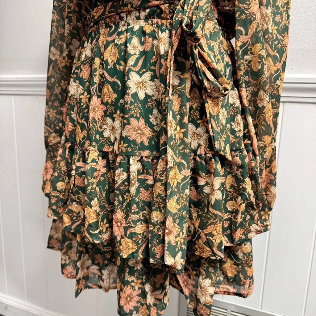 NEW Baltic Born Shirley Long Sleeve Floral Mini Dress Ruffle Hem Green Small S - Image 7