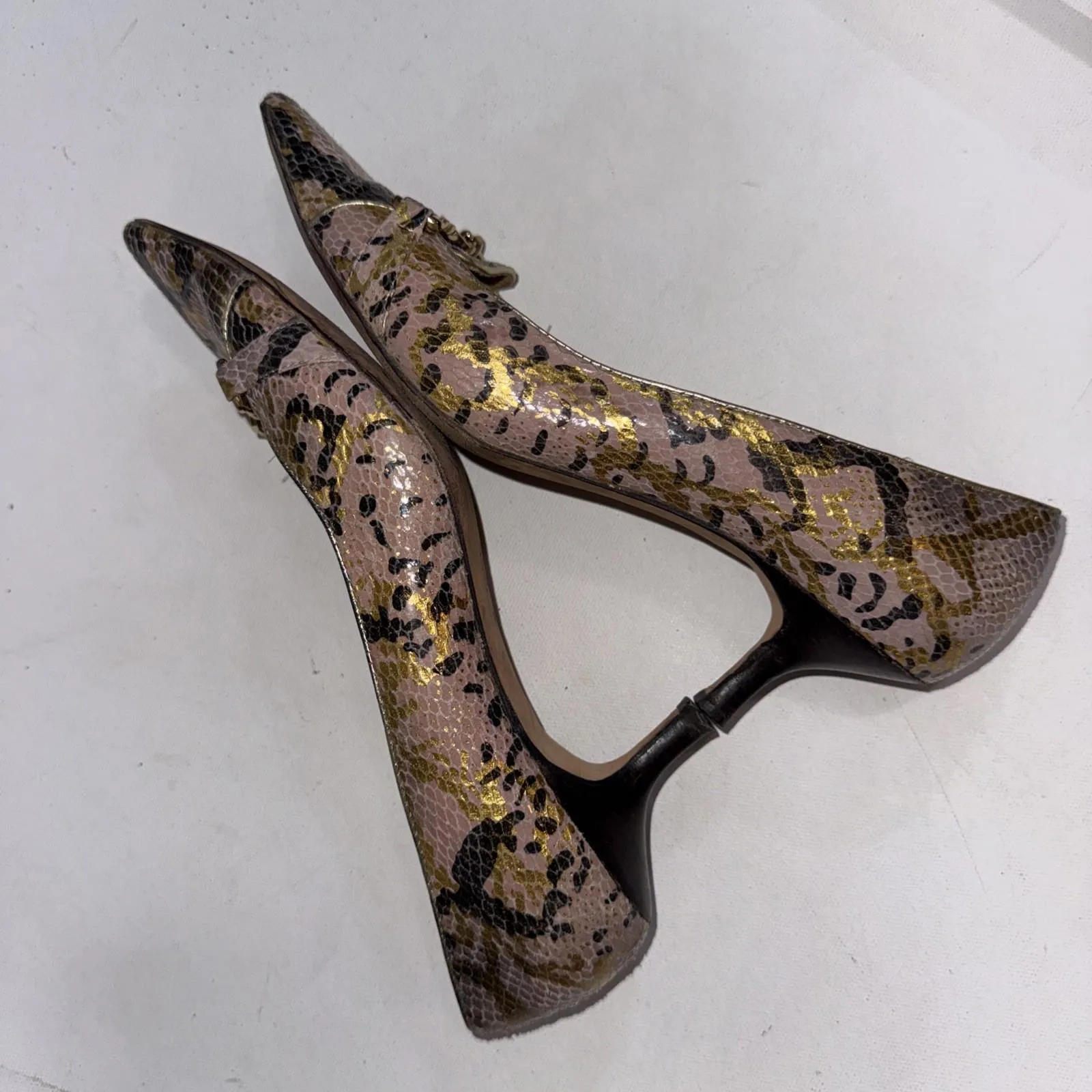 Michael Kors Heels Snake Skin Leather 2" Kitten Heels MK Logo Chain Women's 8M - Image 10