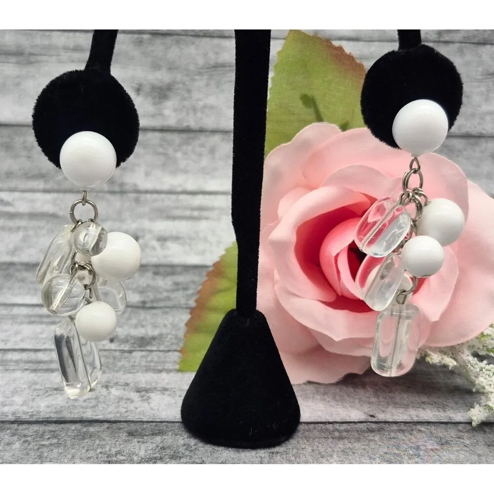 Statement White & Clear Plastic Bead Dangle Drop Cha Cha Earrings 2.5" Light - Image 2