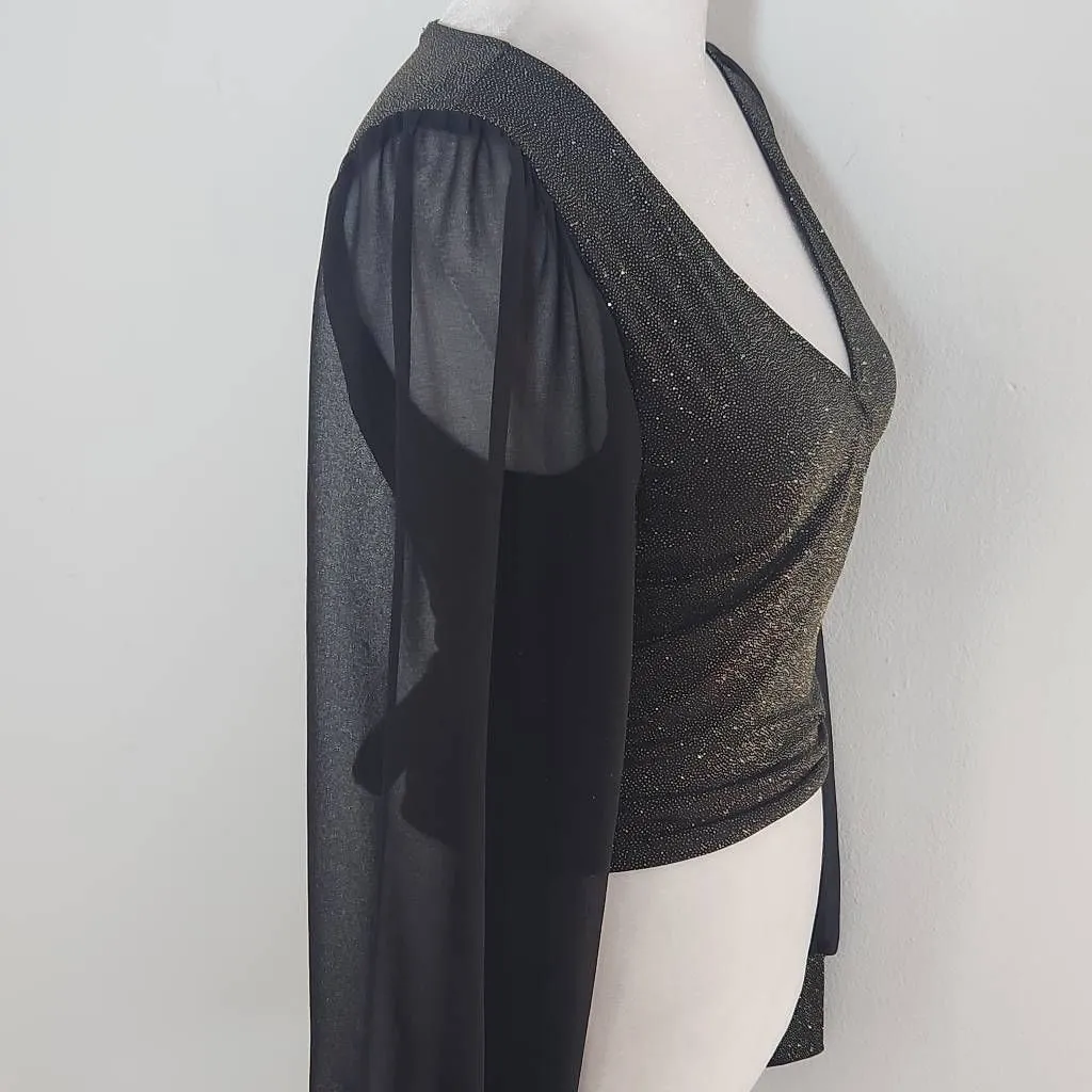 Moa Moa Black and Gold Top with Full Sheer Sleeves NWOT Size XS Black Wrap Top - Image 4