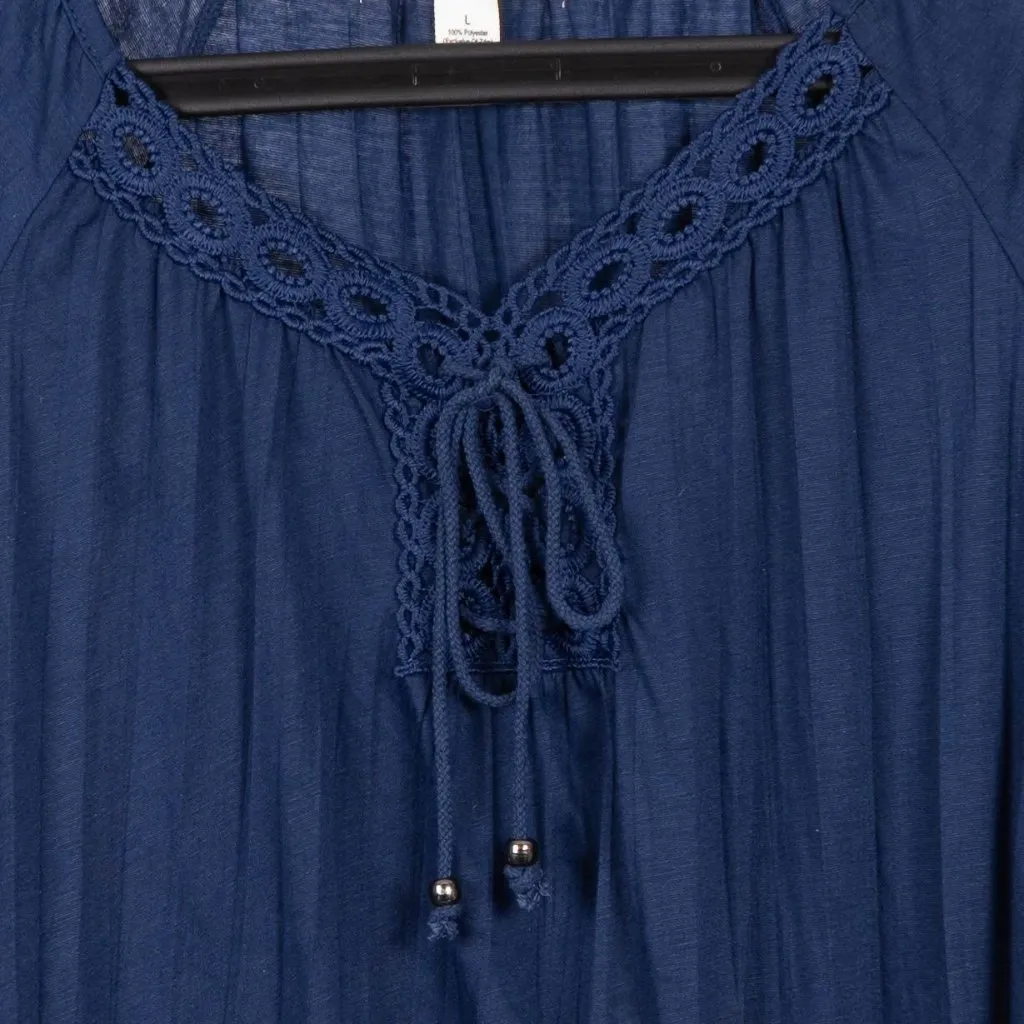 New York Laundry Peasant Blouse L Womens Navy Blue Crochet Tie 3/4 Bell Sleeves - Image 3