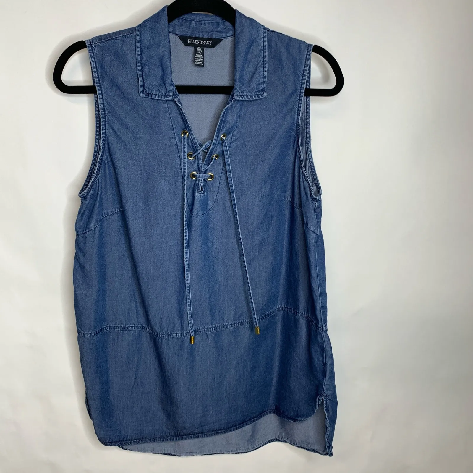 Ellen Tracy Chambray Sz Large Lace Up Front Collar Tunic Top - Image 5