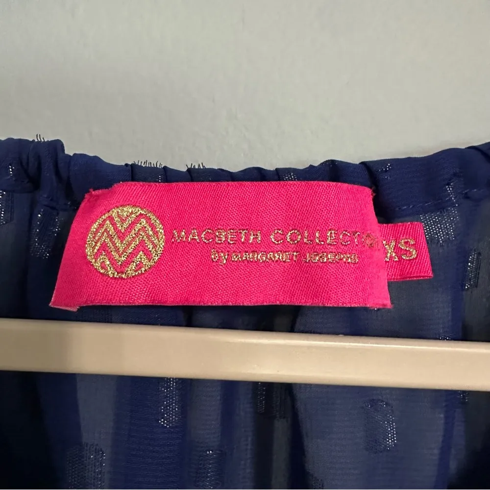 🦋 Macbeth Collection Sheer Navy Blue Open Shoulder Long Sleeve Blouse XS - Image 8