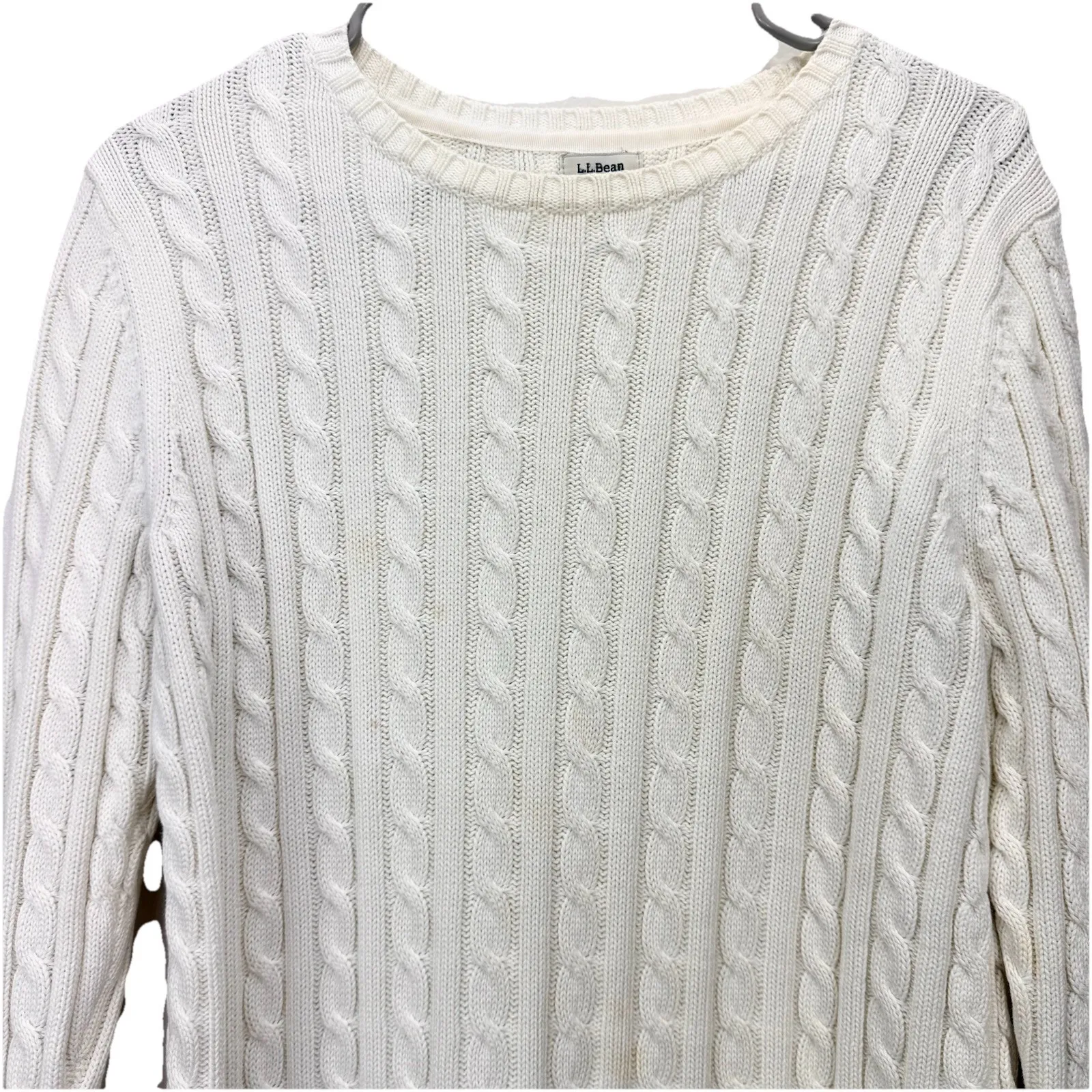 LL Bean Ivory Pullover Cable Crew Neck Long Sleeve Cotton Sweater Size MEDIUM - Image 5