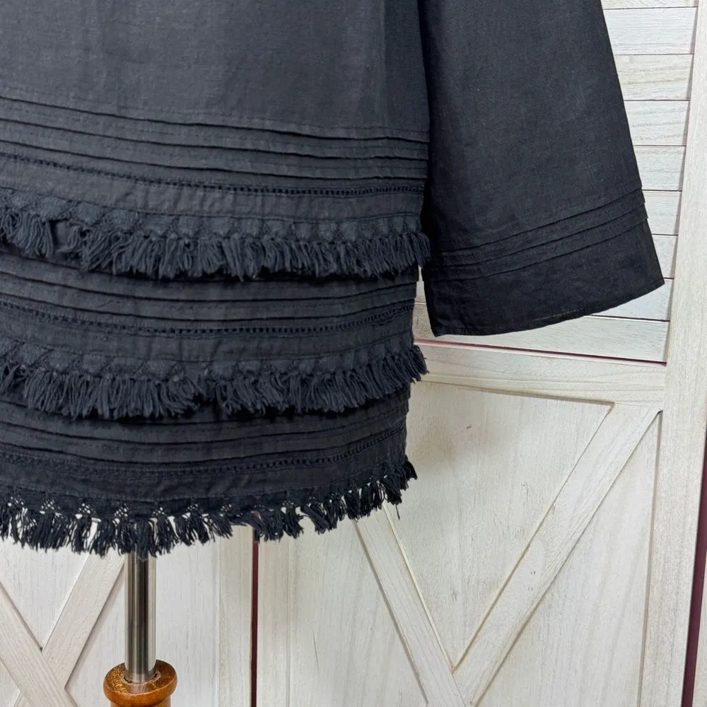 Anthropologie Meadow‎ Rue Olathe Tiered Fringe Hem Linen Boxy Shirt Black Small - Image 6