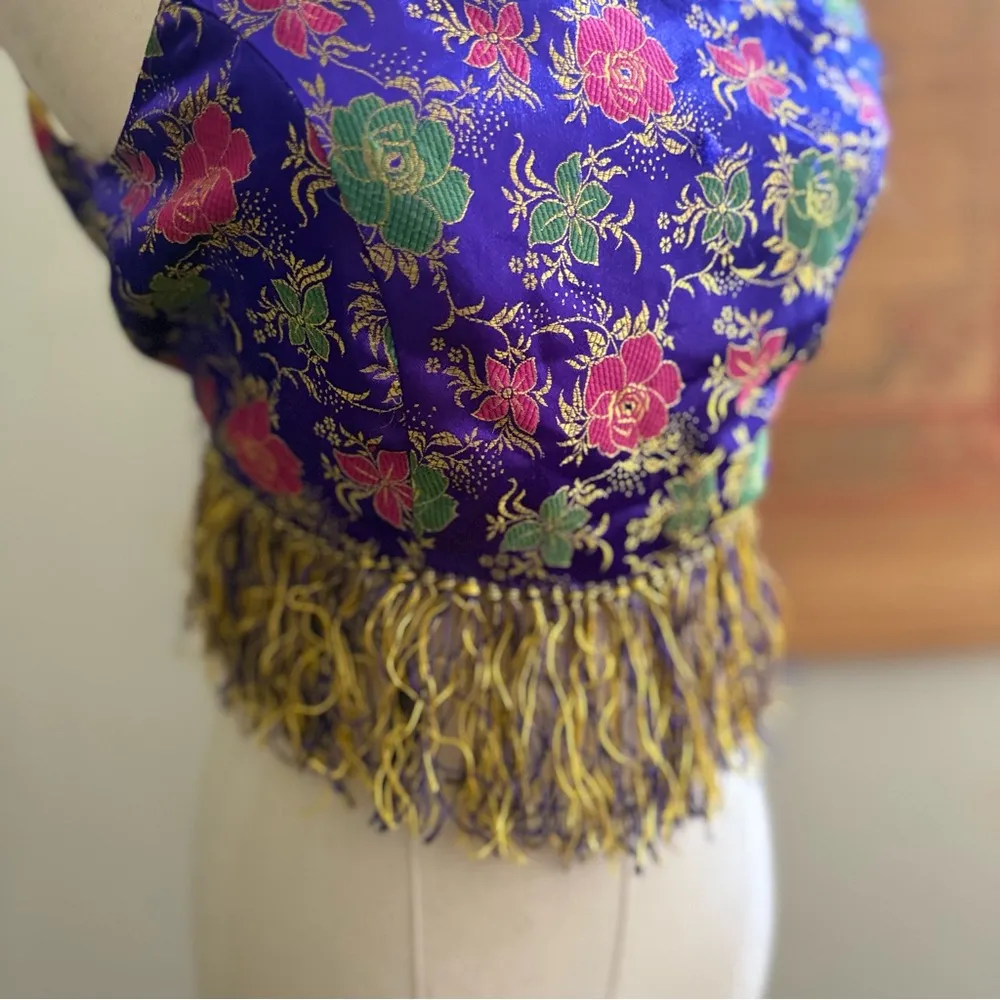 Vintage Floral Brocade Purple Fringe Festival Crop Top - Image 3