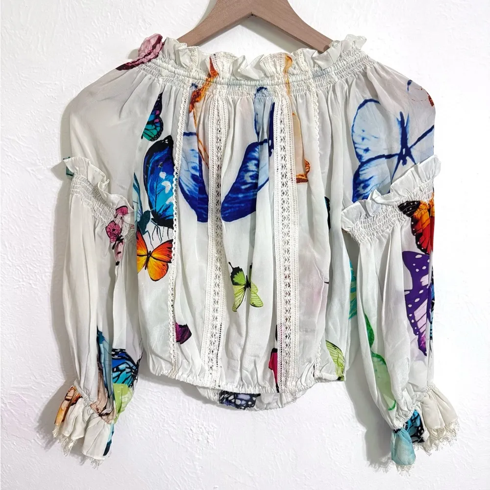Rococo Sand Blossom Off the Shoulder Silk Top in Butterfly print, size XS - Image 6