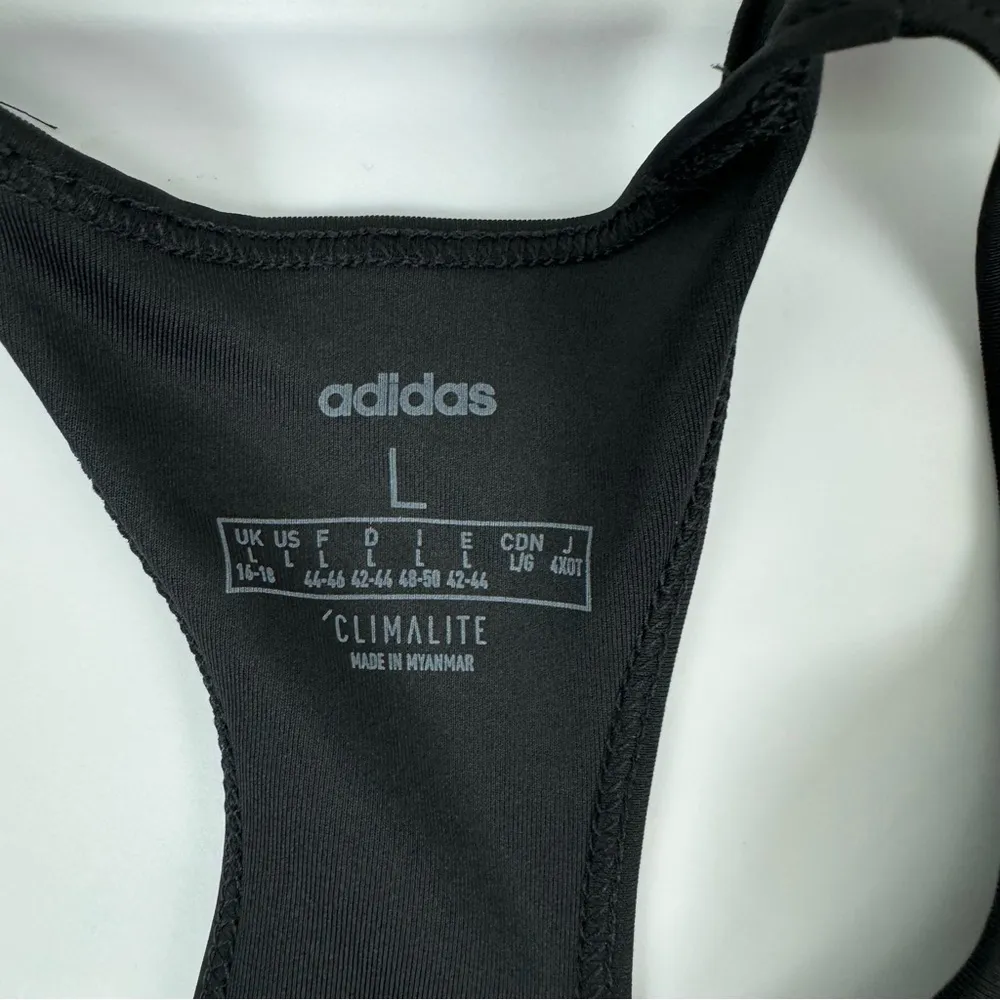 Adidas Climalite Black Graphic Sports Bra Sz Large Logo Front and Back - Image 9