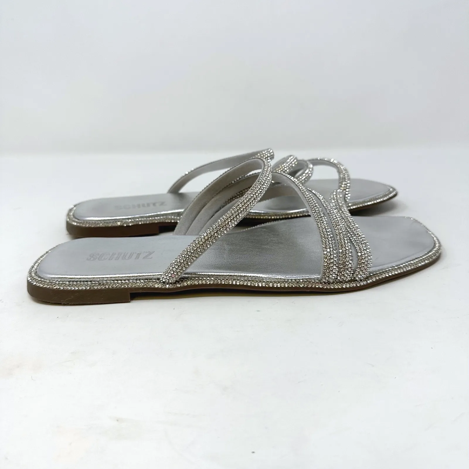 Schutz Crystal Embellished Strappy Flat Silver 10.5B - Image 4