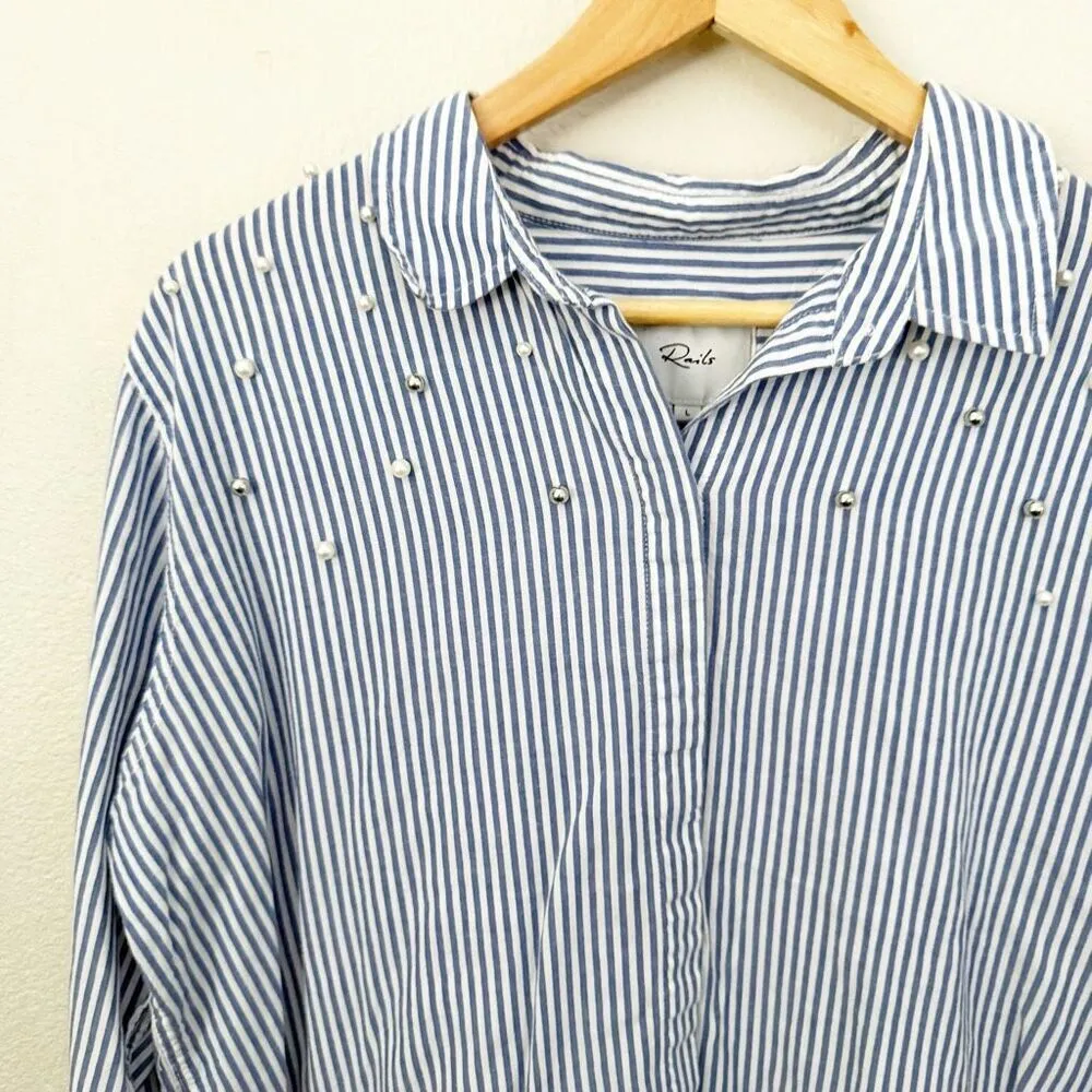 RAILS x NORDSTROM | Taylor Blue Banker Stripe Rhinestone Pearl Shirt | Large - Image 2