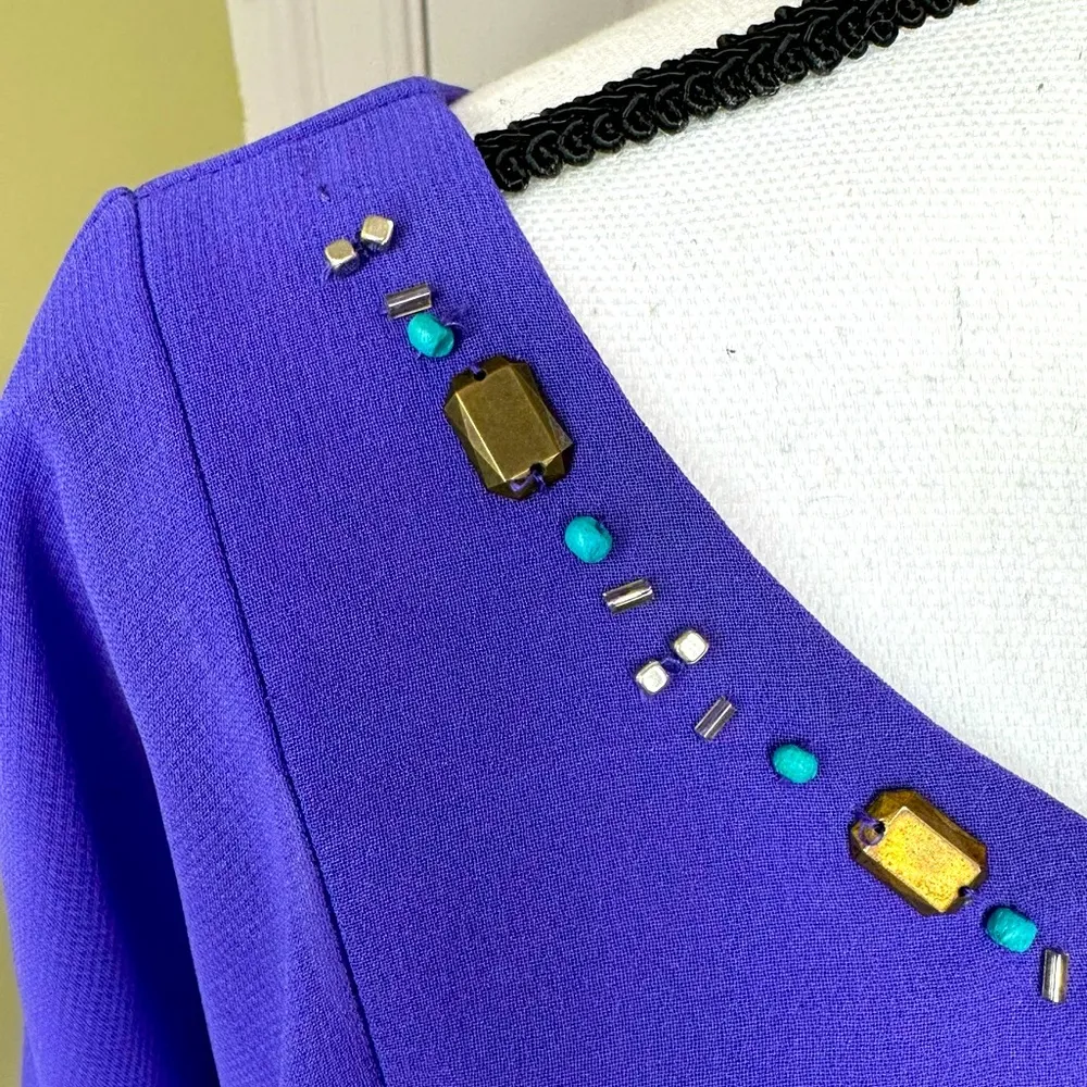 Purple Midi Dress with Beaded Neckline Size 14 - Image 3