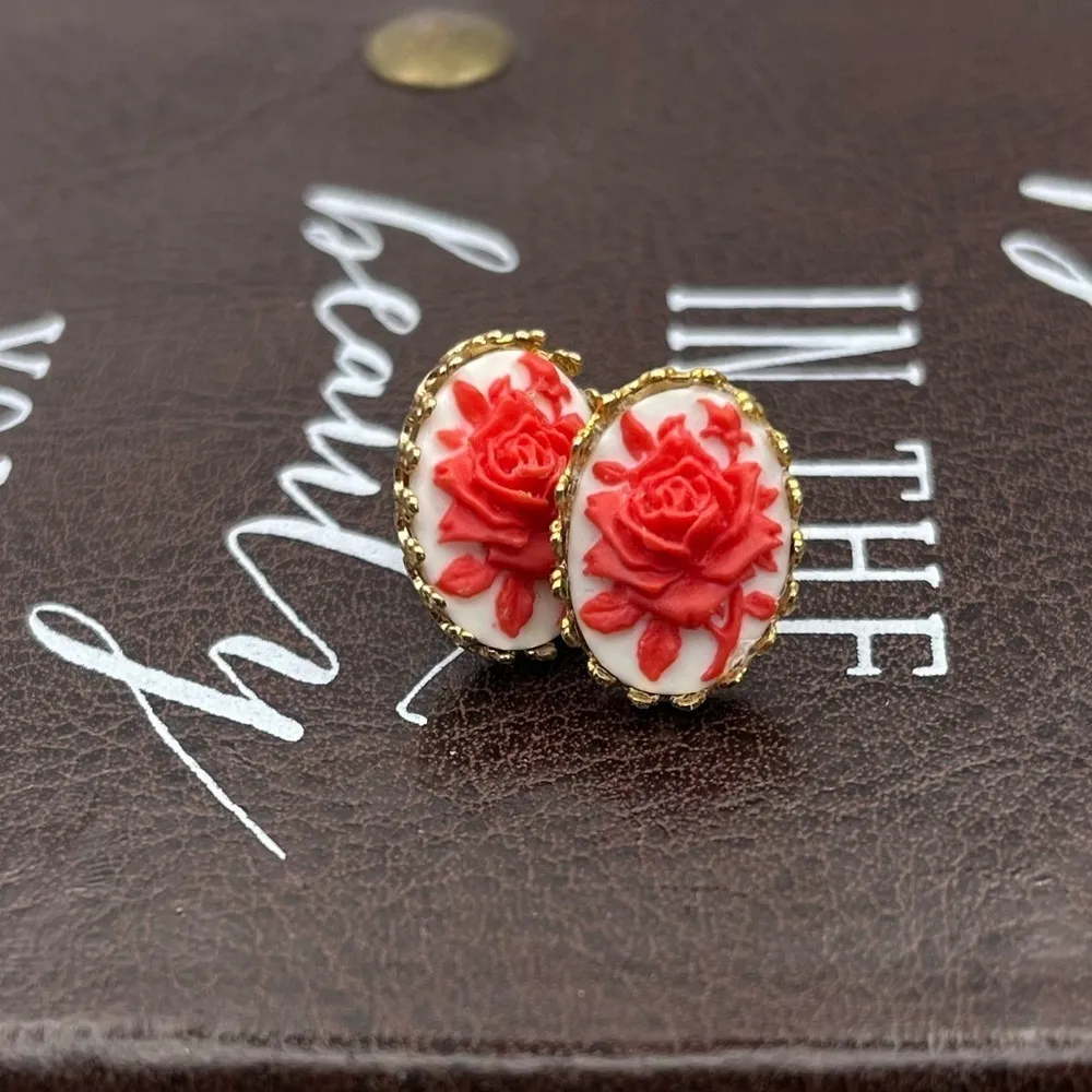 Vintage Red Rose Cameo Stud Earrings – Brass Setting - Image 2