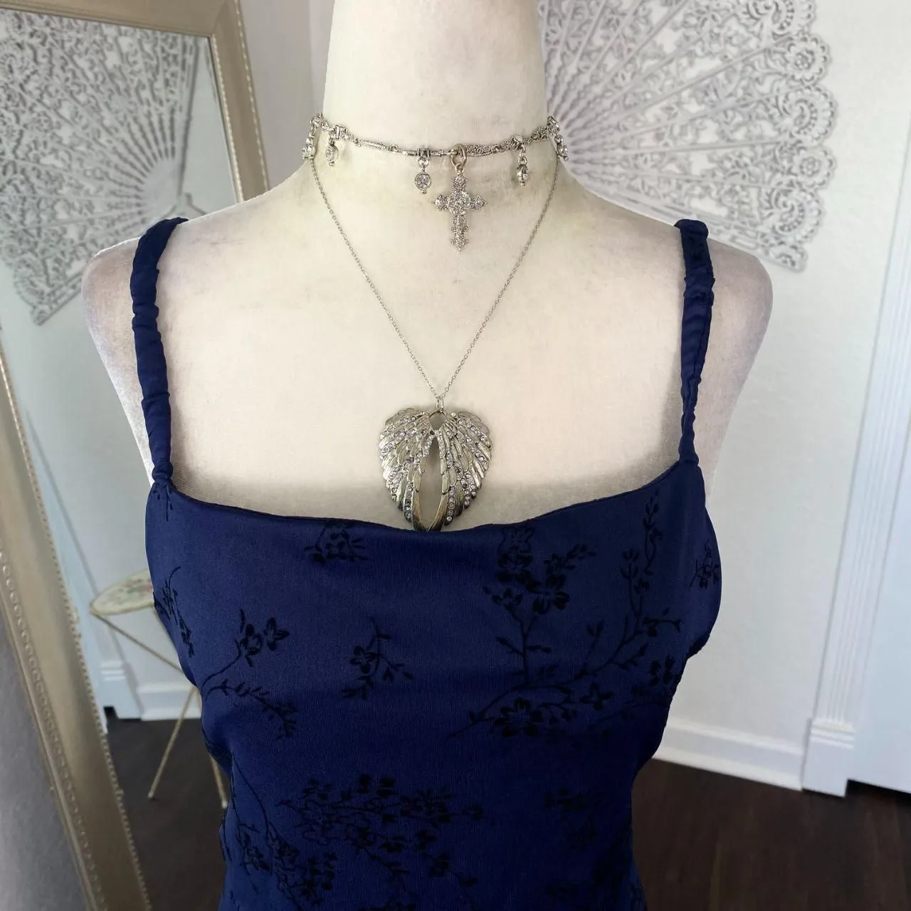 Early 2000's Navy Blue Black Whimsygoth Crushed Velvet Ethereal Prom Dress L Size L - Image 5