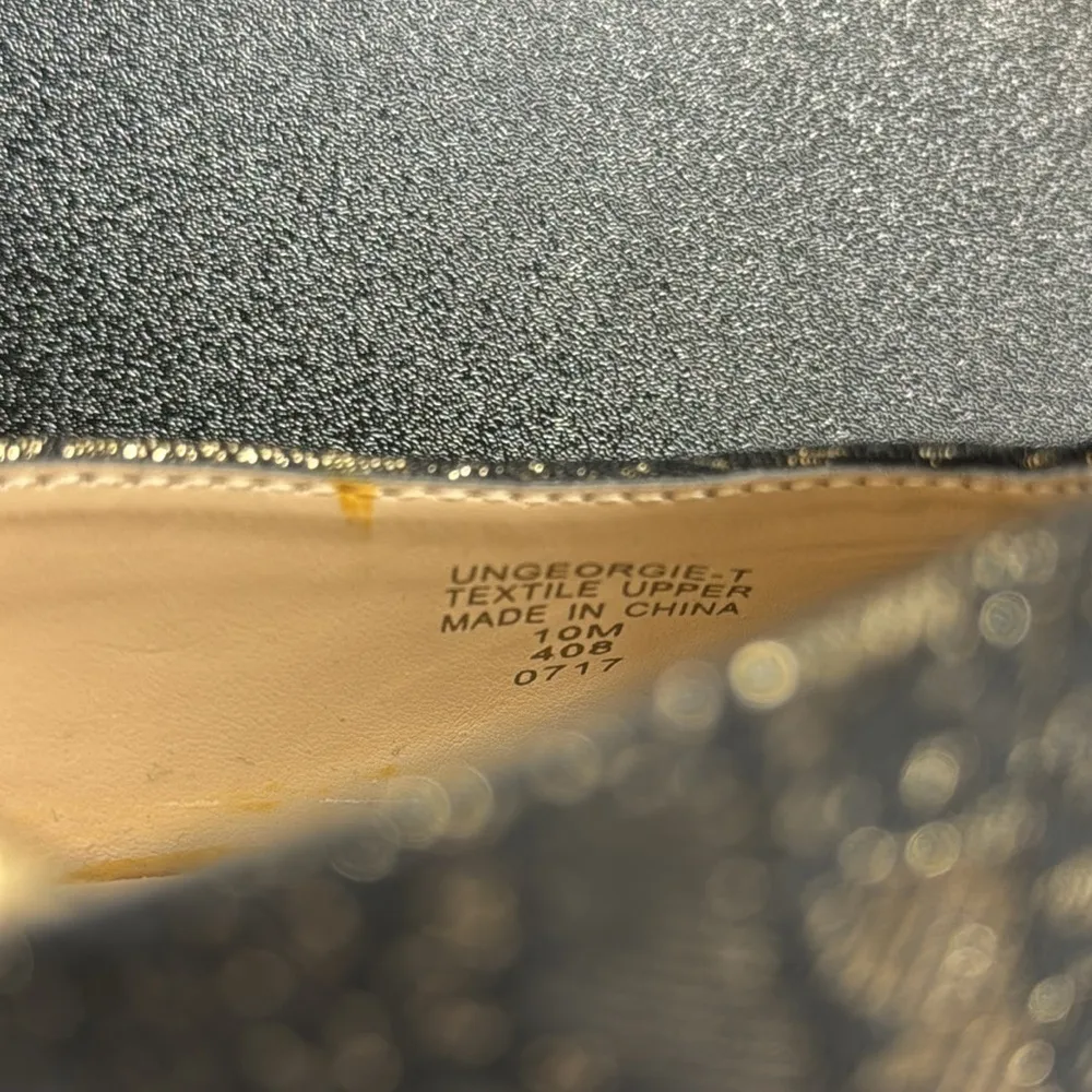 Unisa NWOT Black and Metallic Gold Textured Lace Block Heel Ankle Strap Shoes - Image 9