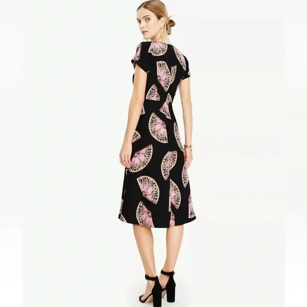 Ann Taylor | Black Pink Dancing Fan V Neck Fit And Flare Midi Dress Size 0 - Image 4