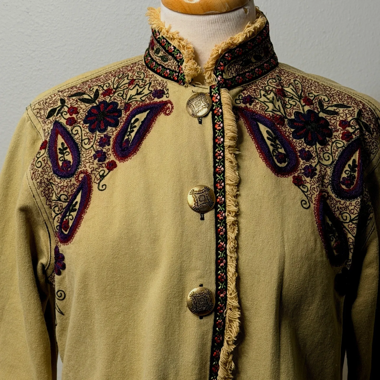 New Direction Jacket Petite Lg Embroidered Denim Khaki Paisley Fringe Collar Tan Size undefined - Image 3