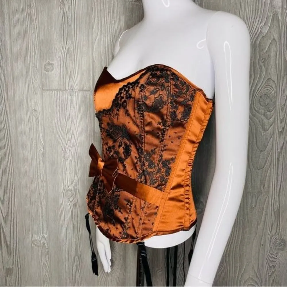 Fredricks of Hollywood brown and black lace corset top with stocking clips 34 - Image 3