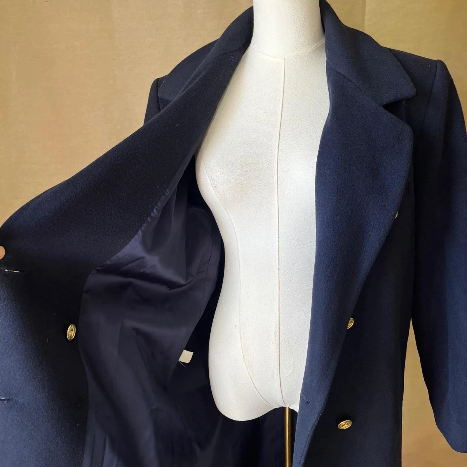 Vintage Forecaster of Boston 100% Wool Navy Blue Long‎ Coat 7/8 Gold Button 80s - Image 7